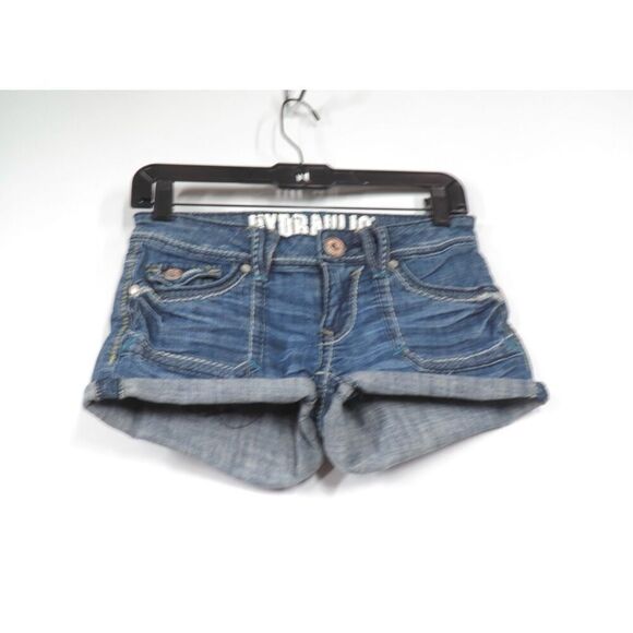 Hydraulic Stretch Low Rise Med Wash Denim Cuffed Jean Short Shorts Women 3/4 - Picture 1 of 3
